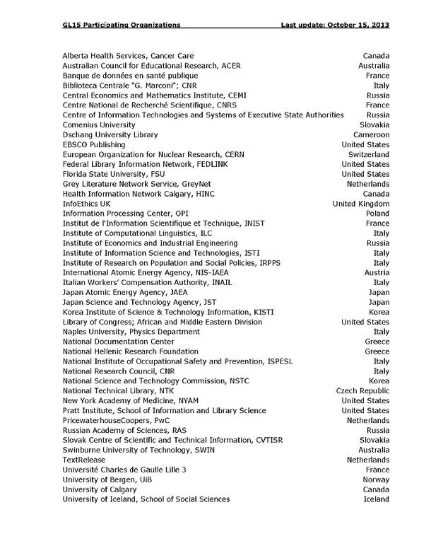 GL15 List Participating Organizations
