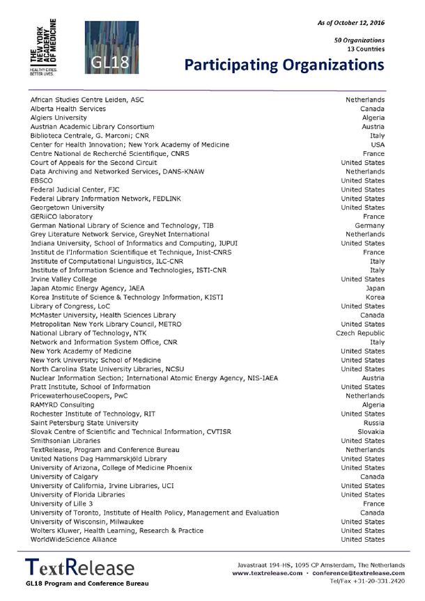 GL18 Participating Organizations